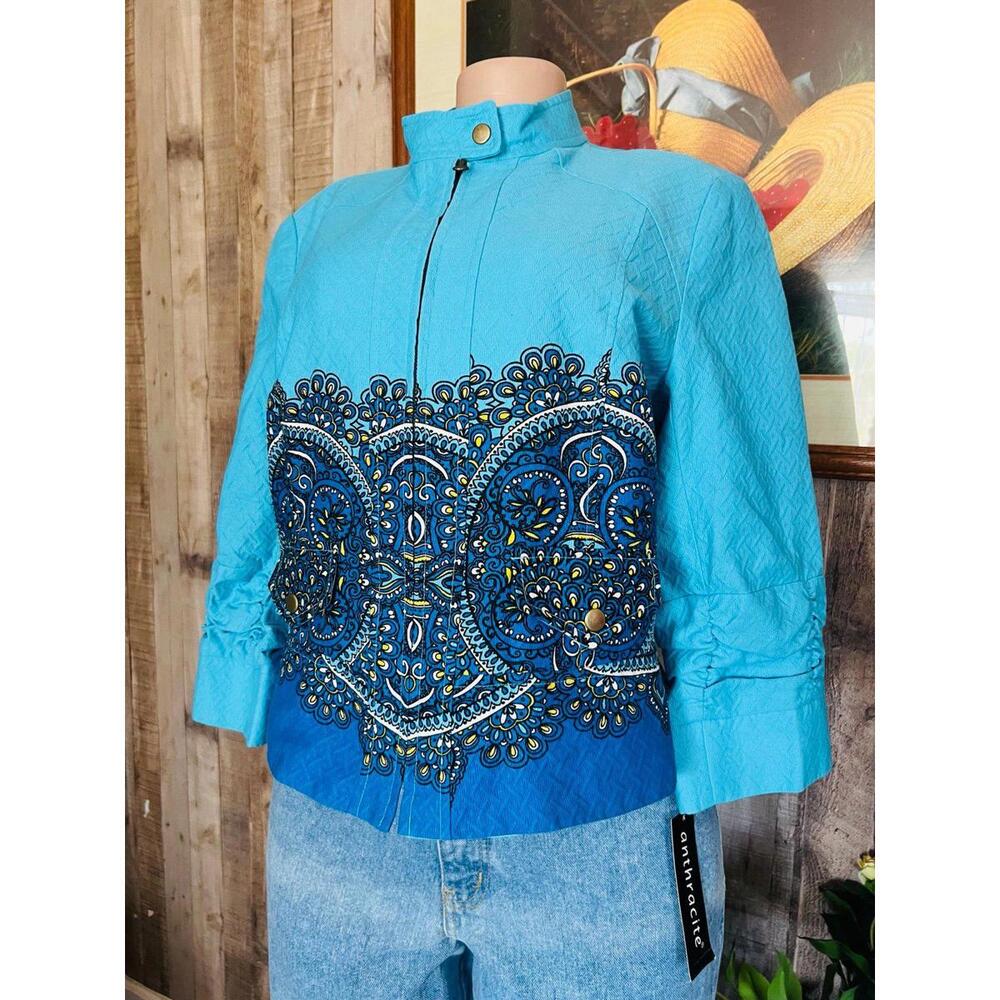 Anthracite Womens Jacket Blue Floral Full Zipper Long Sleeve Lined 100% Cotton